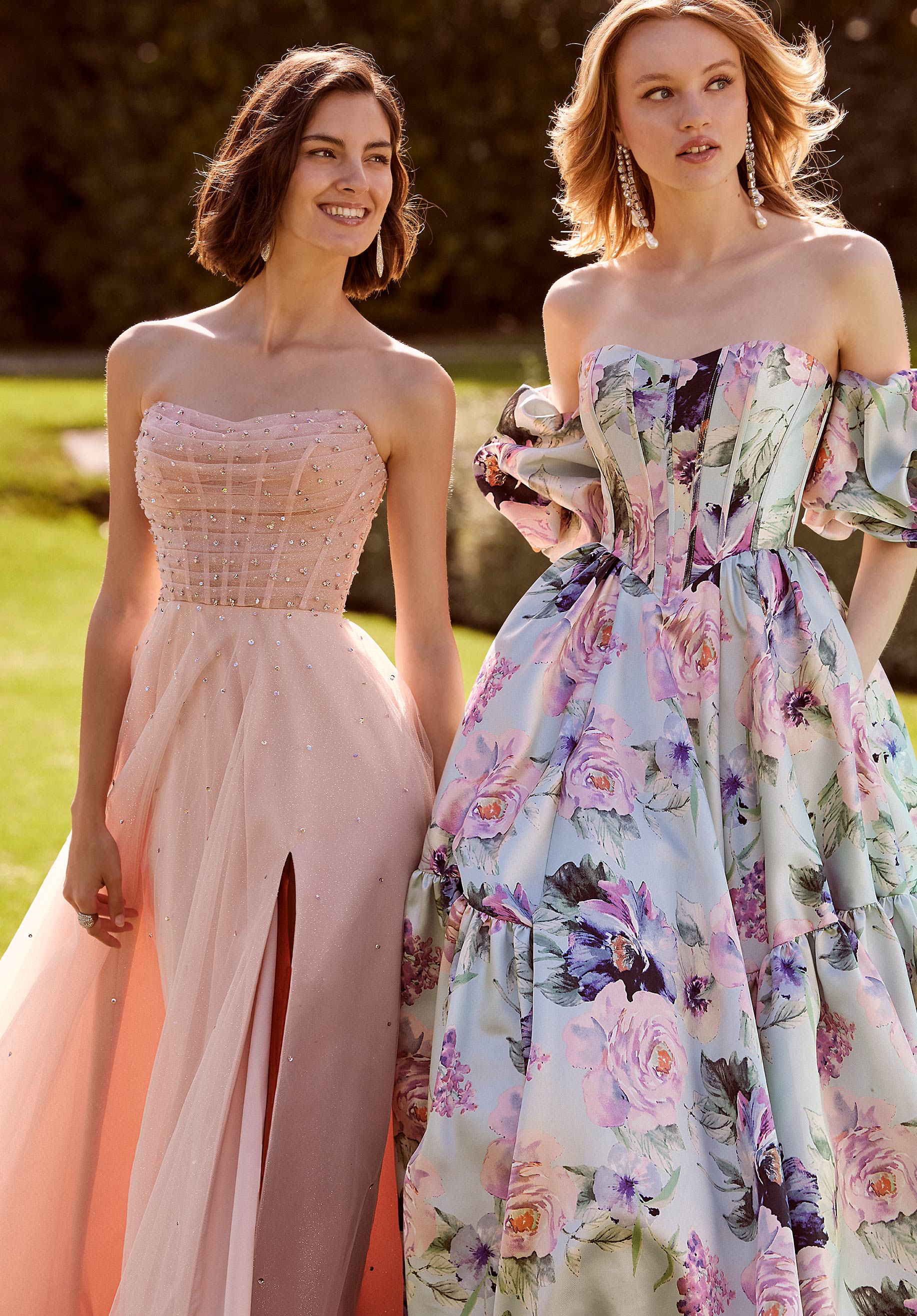 Floral Printed Larissa Satin Ball Gown with Pouf Sleeves Morilee