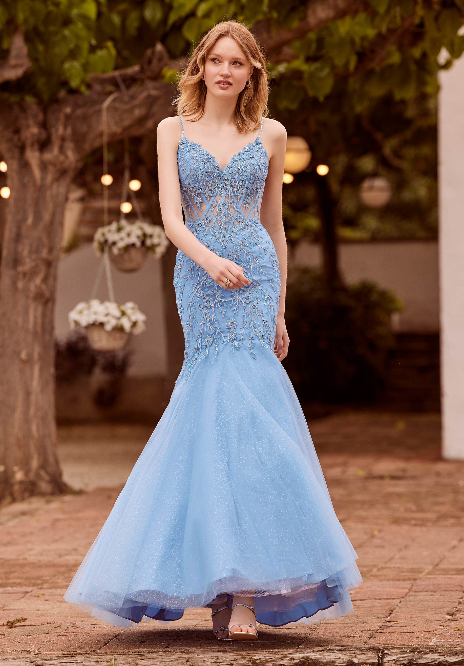 Glitter Tulle Mermaid with Floral Patterned Glitter Embroidery Morilee
