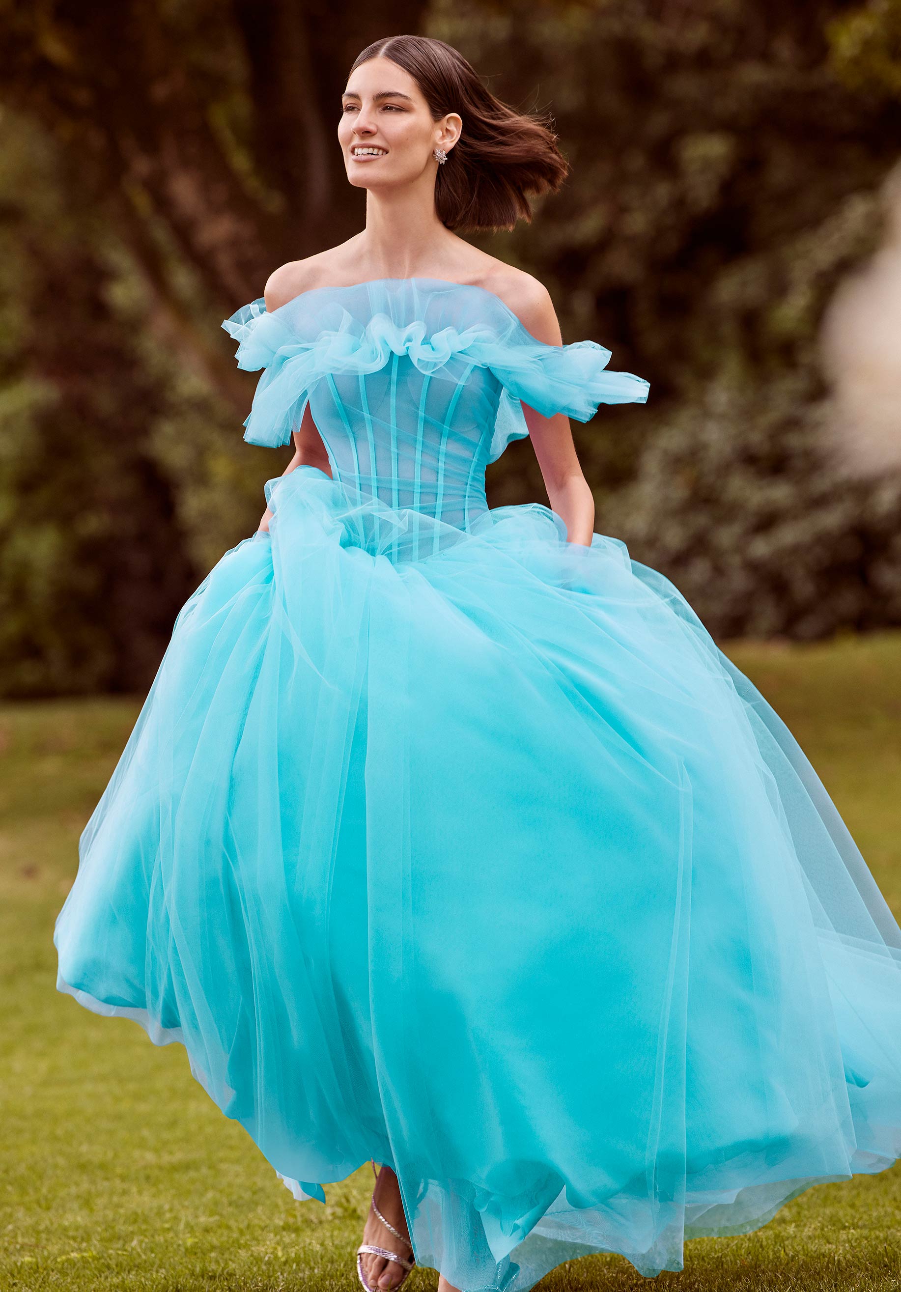 Tulle Ball Gown with Sheer Corset and Flounced Neckline Morilee