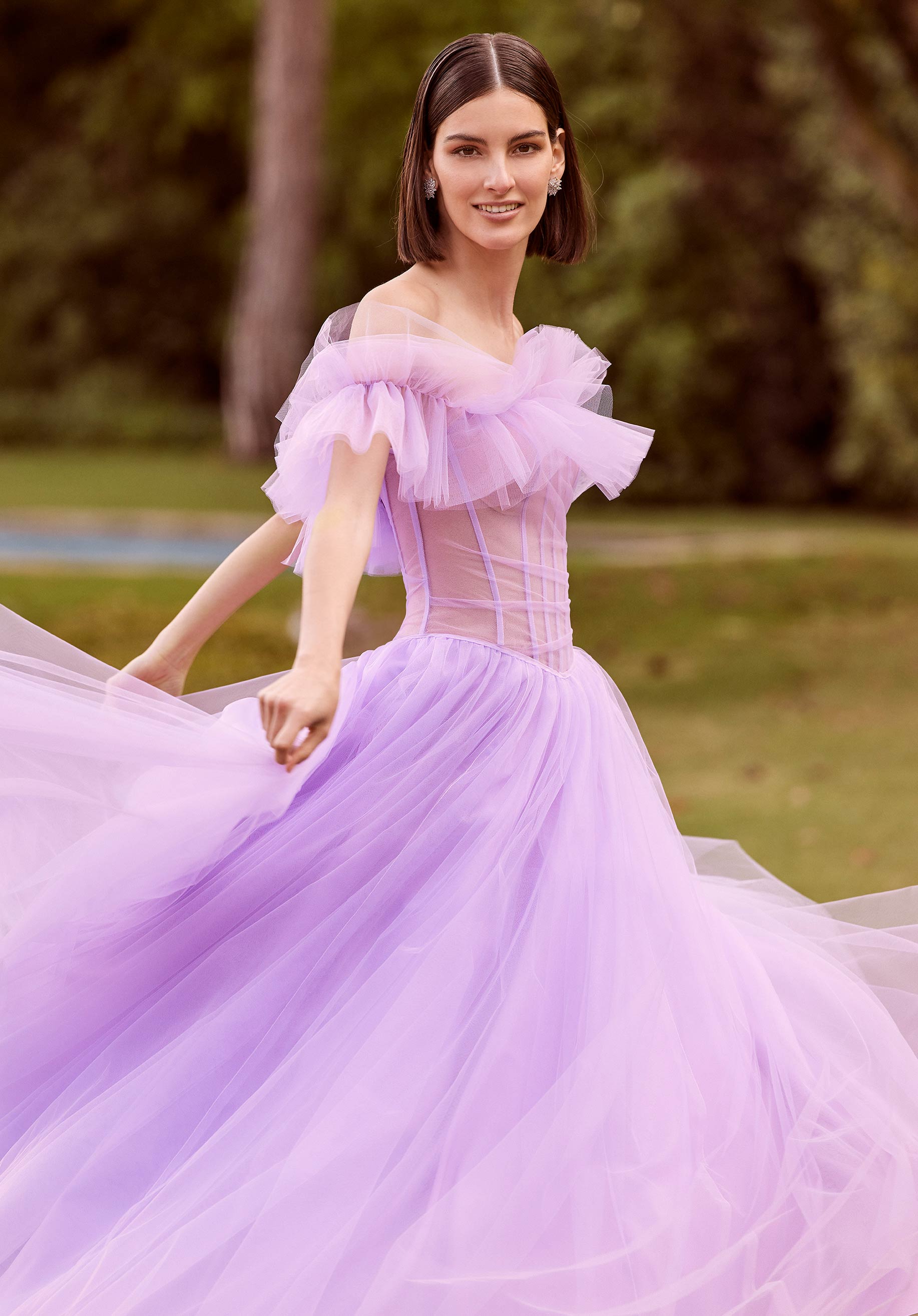 Tulle Ball Gown with Sheer Corset and Flounced Neckline Morilee