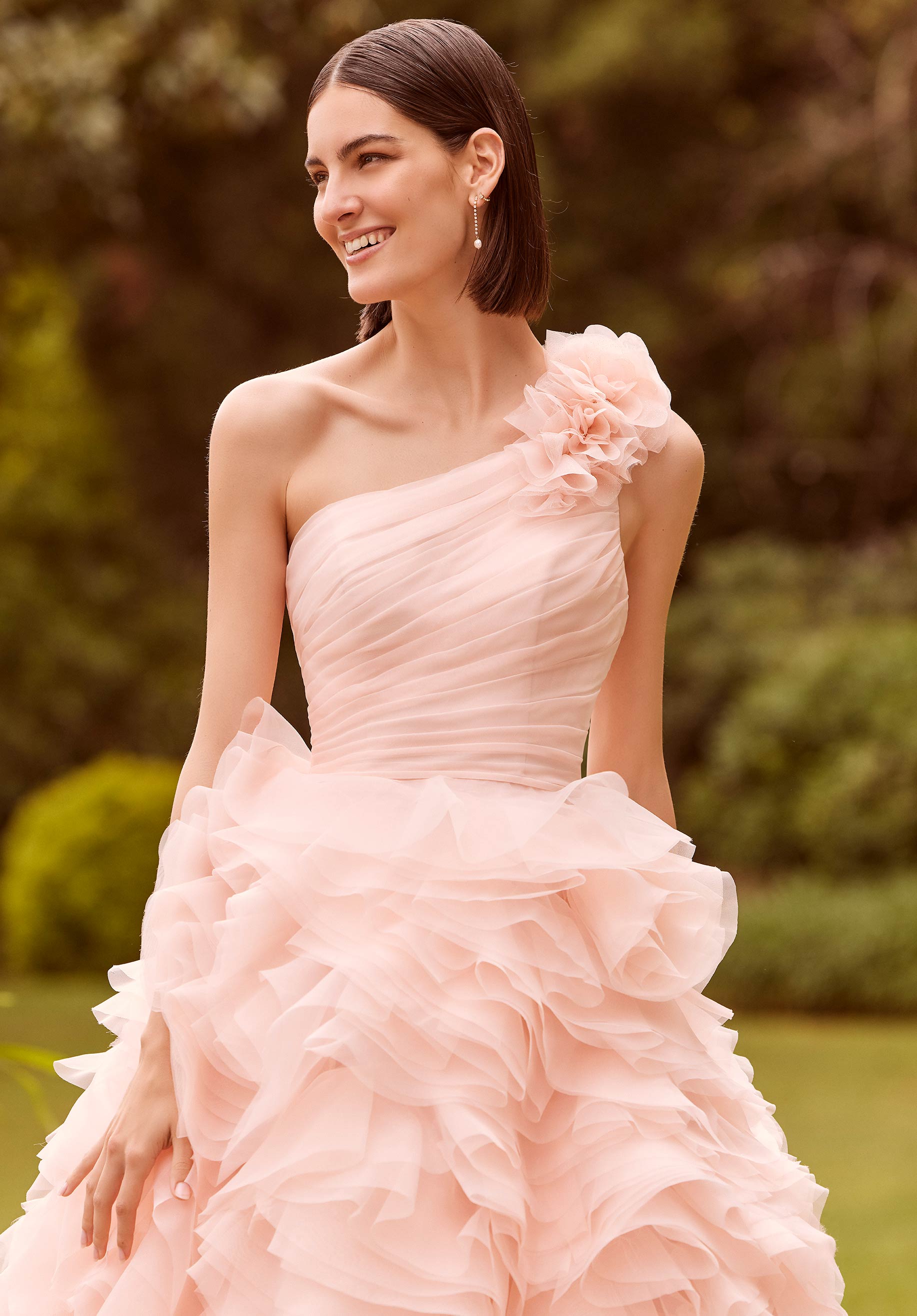 Tea Length Draped Organza Ruffled Gown Morilee