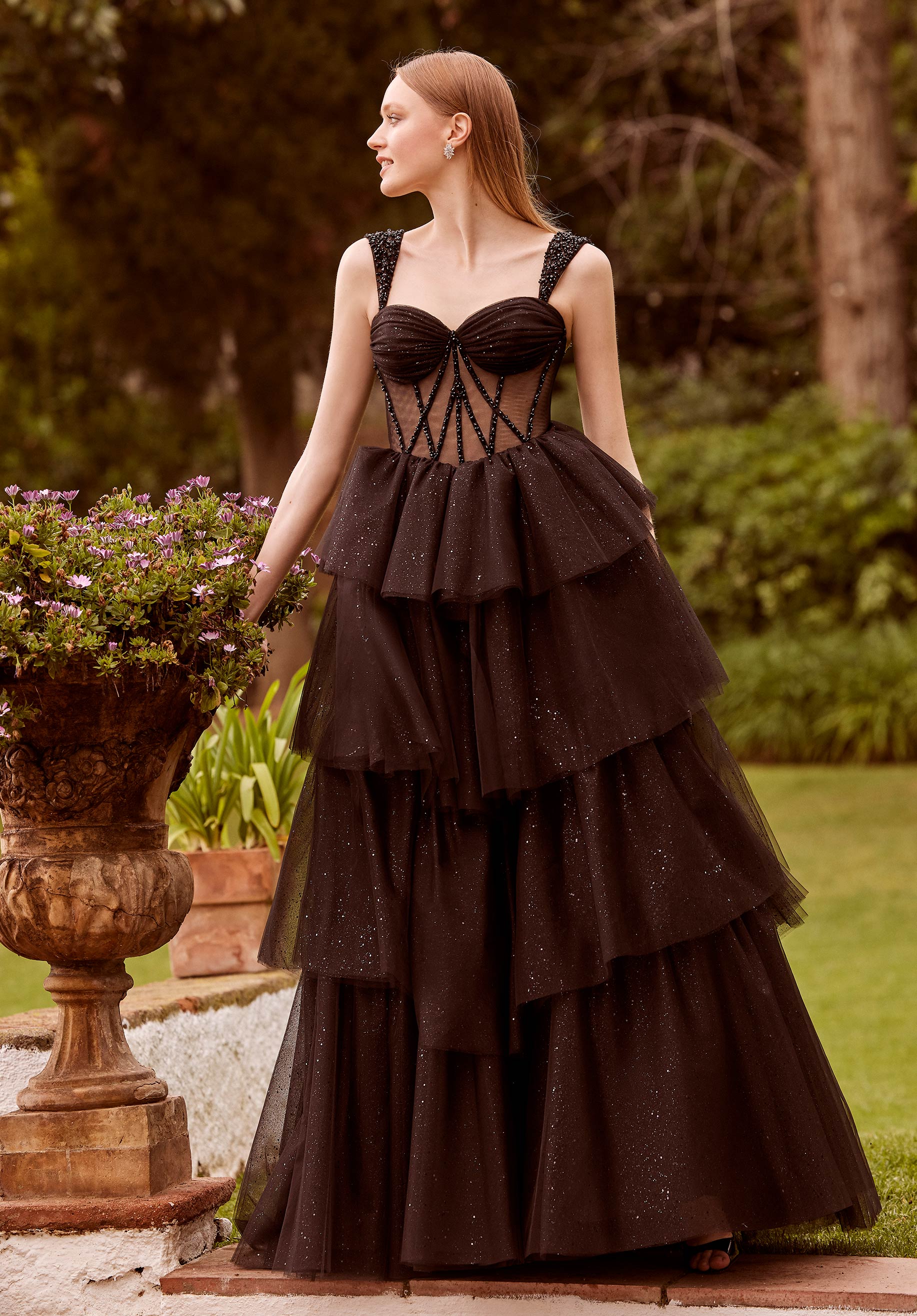 Tiered Sparkle Tulle Ball Gown with Sheer Stylized Corset Morilee