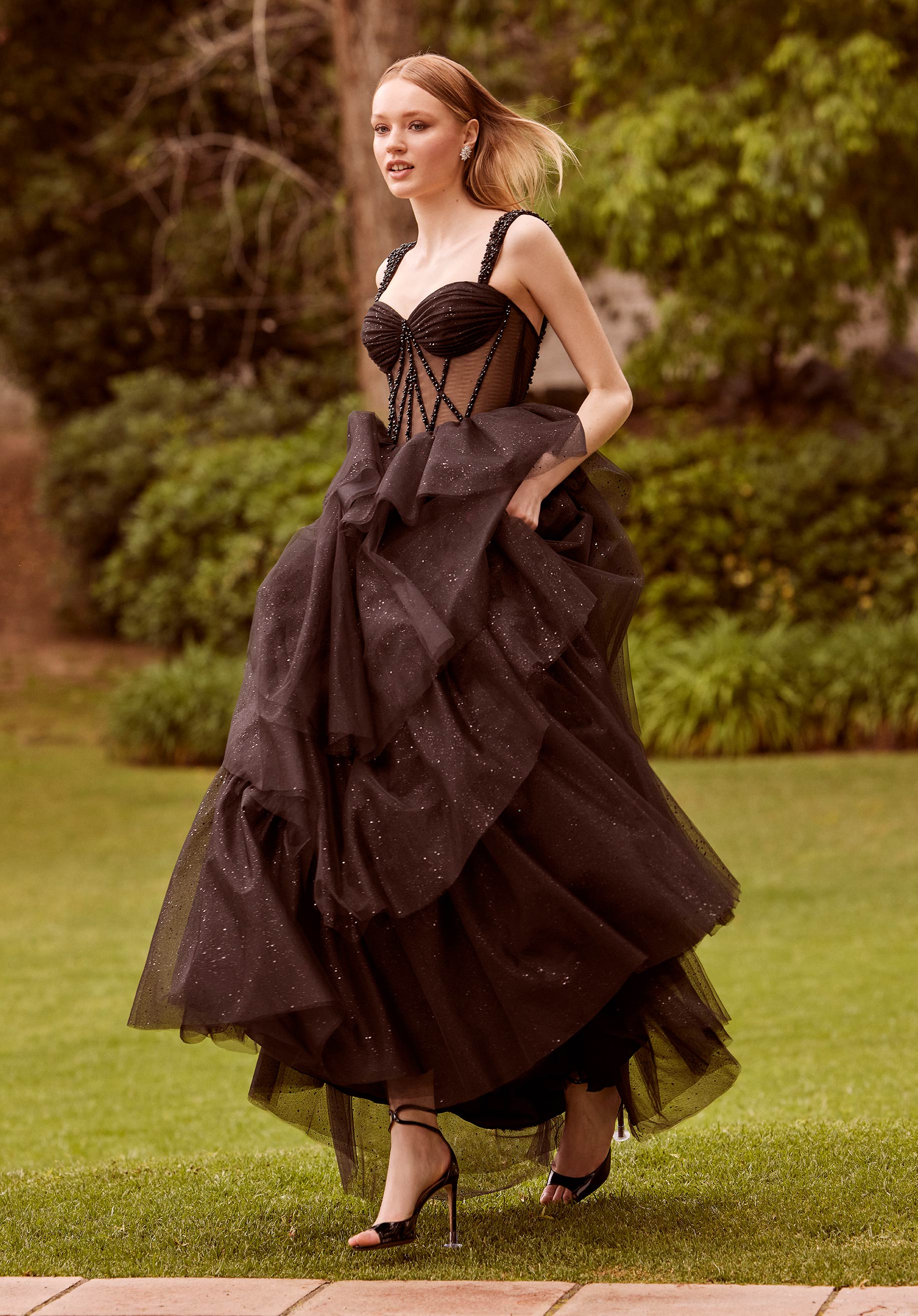 Tiered Sparkle Tulle Ball Gown with Sheer Stylized Corset Morilee
