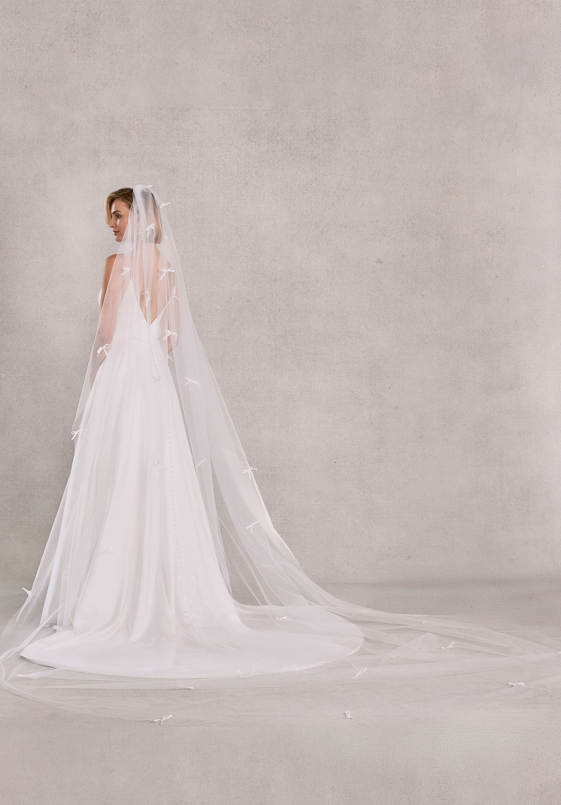 Cathedral Length Tulle Veil with Scattered Satin Bows