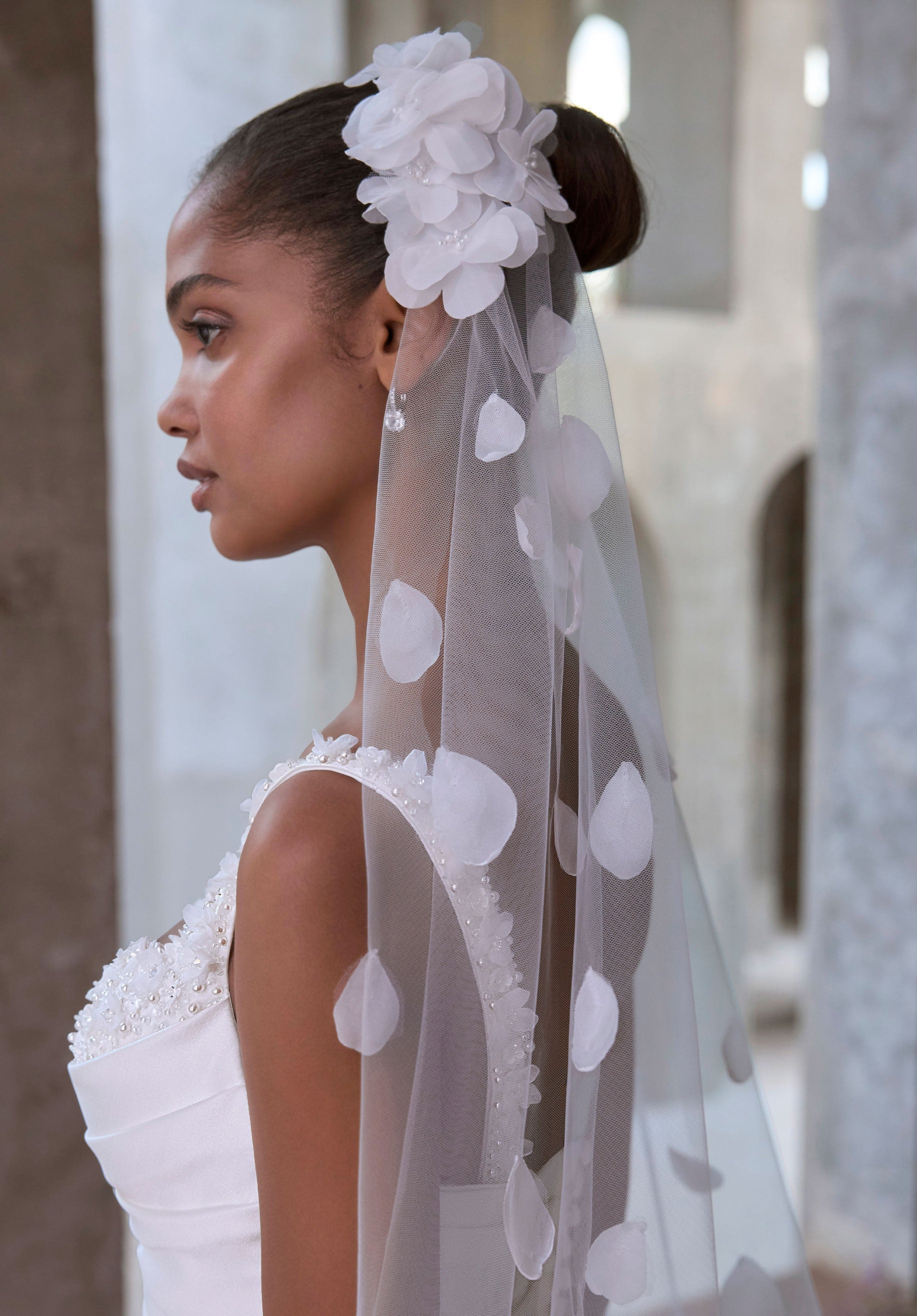 3D Organza and Floral Petal Embroidered Tulle Cathedral Veil Morilee